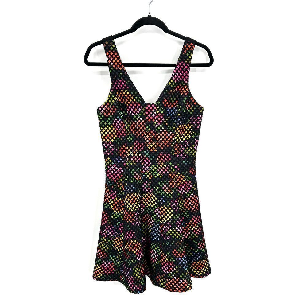TRINA TURK Colorful Floral Print Black Fishnet Sleeveless Fit & Flare Dress 6